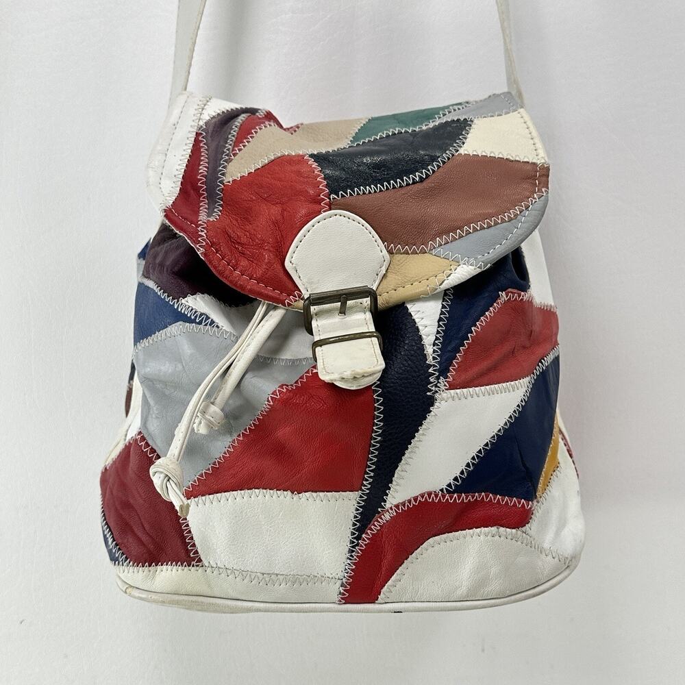 Vtg Genuine Leather Patchwork Bucket Handbag L Multicolor Drawstring Bag Lined